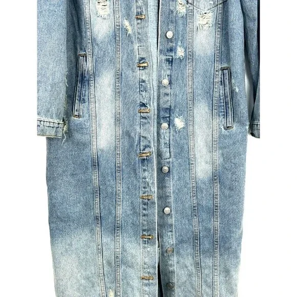 Mustard Seed Women L Destructed Denim Blue Jacket Long Jean Button Up Biker R4 - Picture 7 of 12